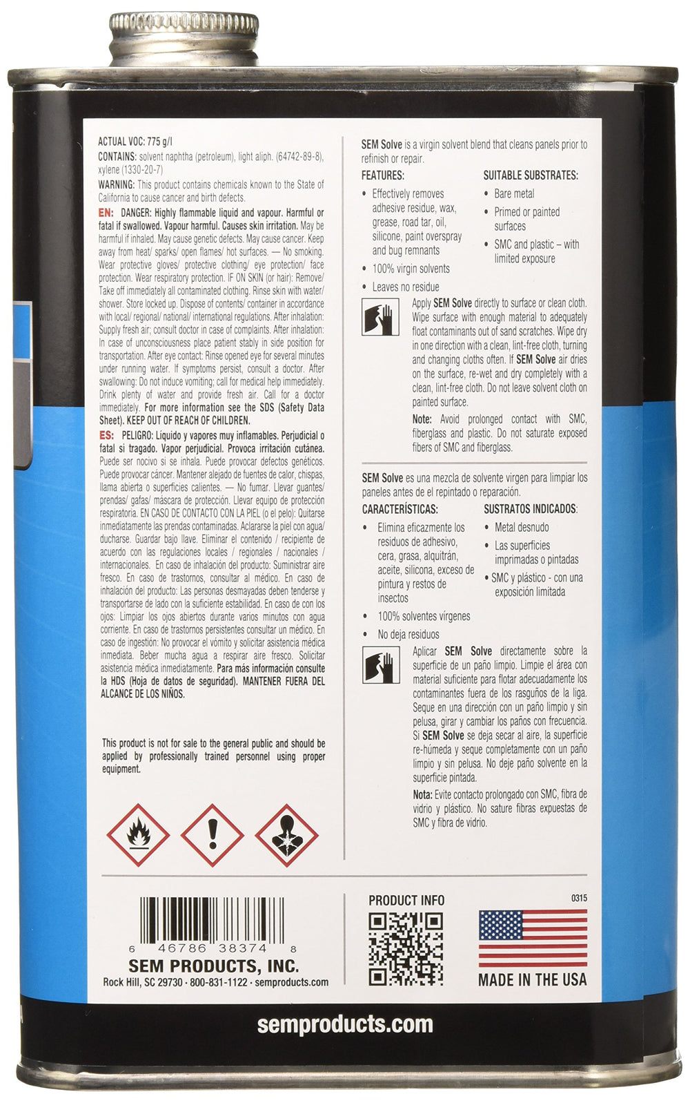 SEM Solve adhesive-removal bottle demonstrates quick removal of adhesives and tar from surfaces.