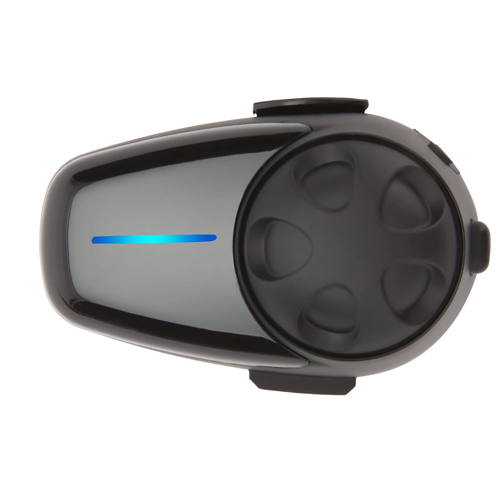 Sena SMH10-10 headset mounted on helmet enabling hands-free communication for riders.