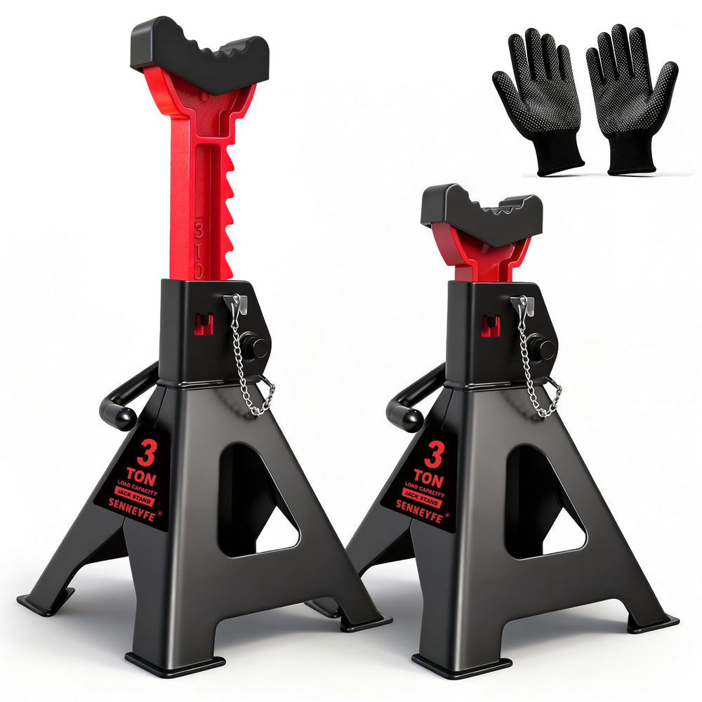 SENKEYFE 3 Ton jack stand with rubber cover protects the vehicle frame and adds stability.