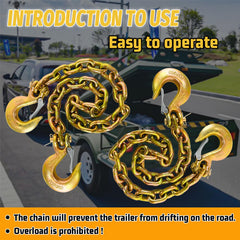 Dual Clevis hooks on SENKEYFE trailer chains for secure towing connections.