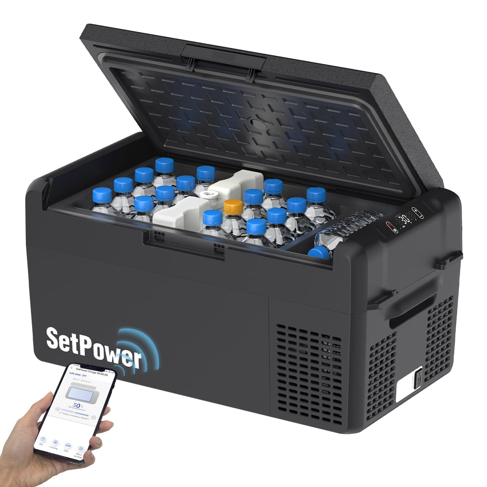SetPower 12V refrigerator front view showing compact 21-quart capacity for vehicles.