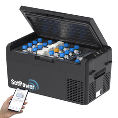 SetPower 12V refrigerator front view showing compact 21-quart capacity for vehicles.