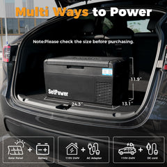 SetPower 12V refrigerator road-trip setup for portable cooling on the go.