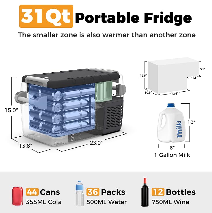 Setpower AJ30 car fridge connected to 12/24V DC for vehicle use.