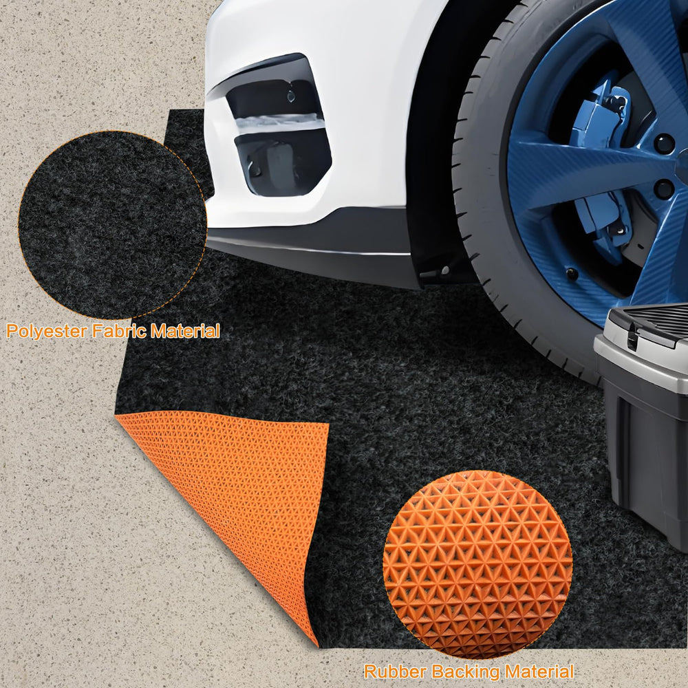 Seuqhck oil spill mat placed under car protects floors from leaks.