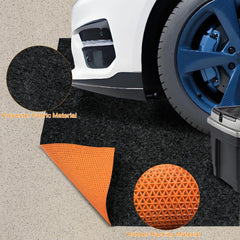 Seuqhck oil spill mat placed under car protects floors from leaks.