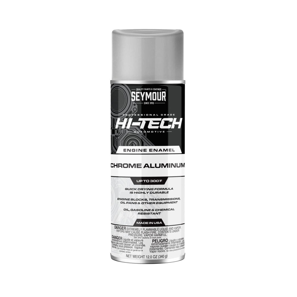 Seymour EN-41 Hi-Tech spray can close-up showing chrome aluminum finish for engines