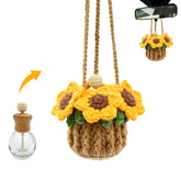 SGIBYN crochet sunflower hanging air freshener in a car interior.