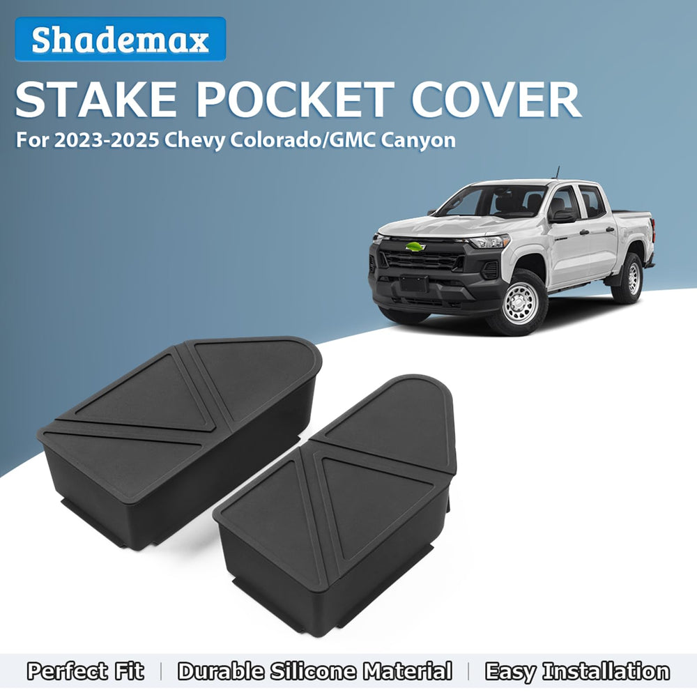 Shademax right-fit stake pocket cover for 2023–2026 Canyon/Colorado; guards bed rail holes.