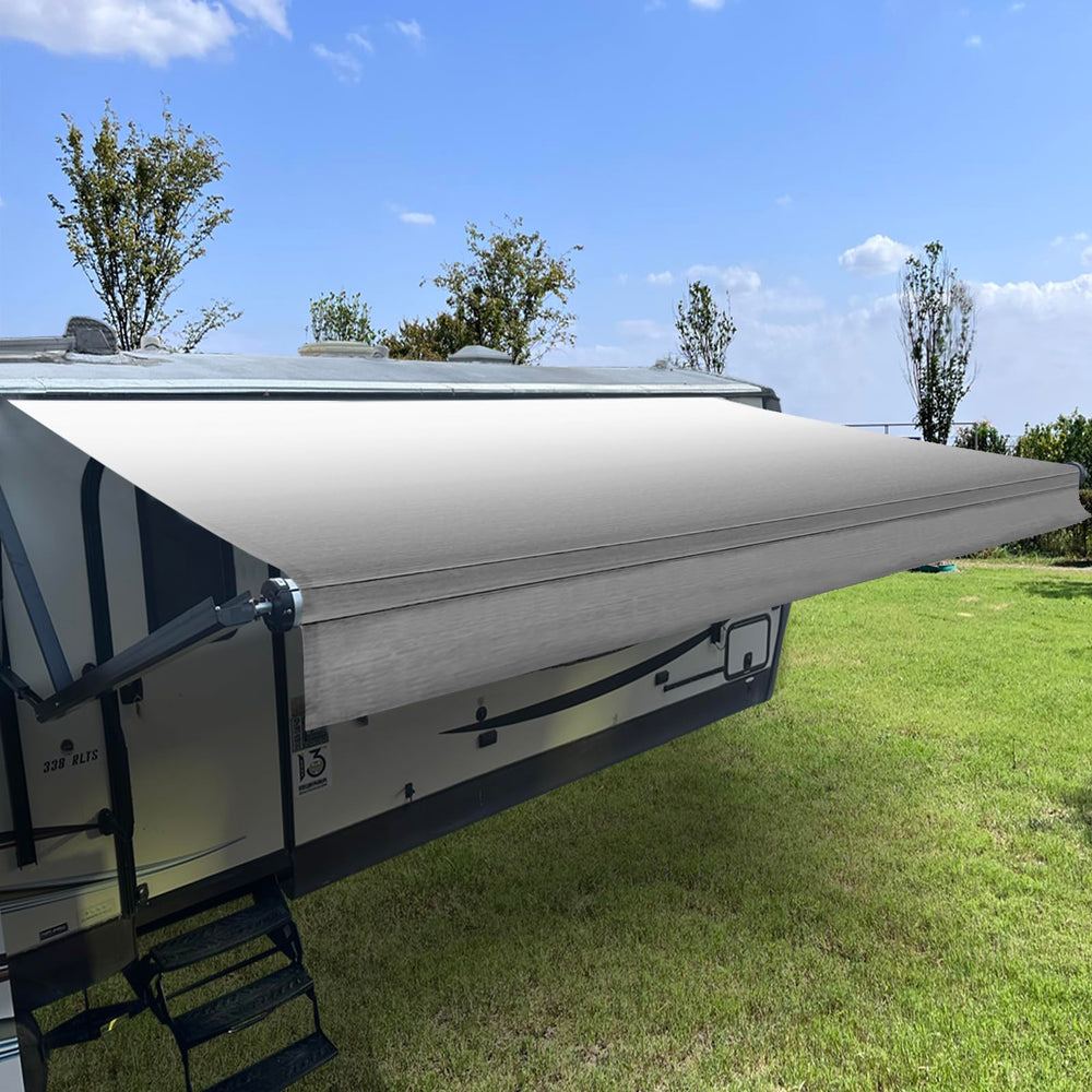 ShadePlus RV awning fabric replacement close-up highlighting rugged 16oz vinyl for UV and water resistance.
