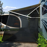 ShadePlus RV awning shade screen in use offers shade and privacy on the campsite