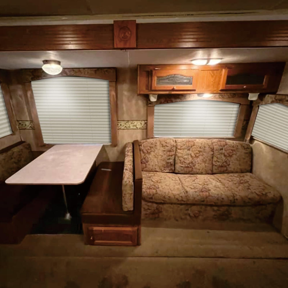 SHADEPLUS RV pleated shade cappuccino color coordinating with interior decor and sun glare reduction