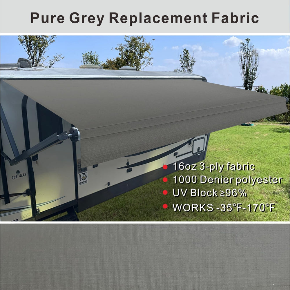 SHADEPLUS smoke grey fabric on a 15'2" RV awning for a subtle update.