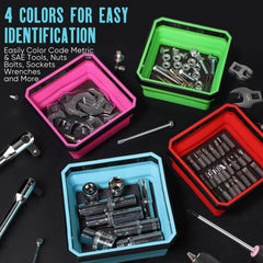 SHALL purple magnetic tray secures washers and pins on the workbench.