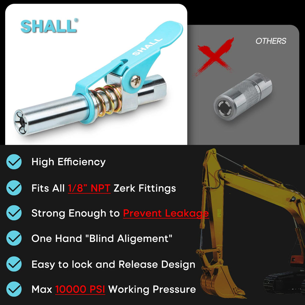 SHALL grease gun coupler diameter 0.55 inches for tight spaces.