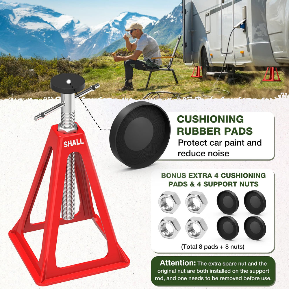 SHALL RV stabilizer jacks with cushions and nuts for quieter, protected chassis.