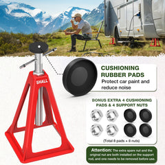 SHALL RV stabilizer jacks with cushions and nuts for quieter, protected chassis.