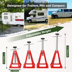 SHALL RV stabilizer jacks secured under an RV on uneven terrain for stability.