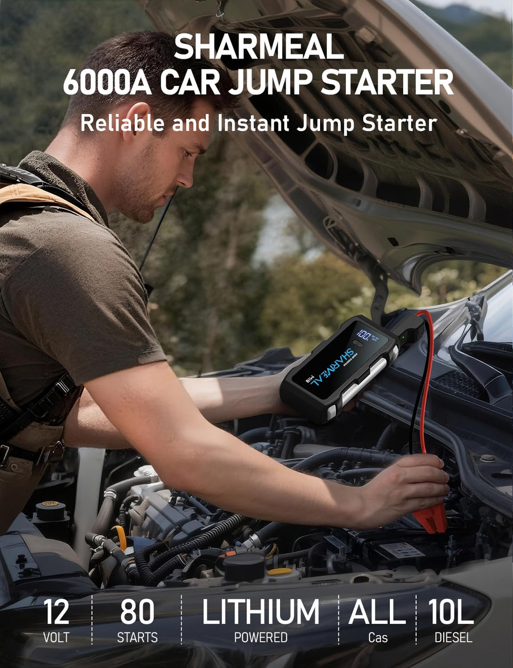 Sharmeal Jump Starter 6000A with jumper cables for on the go boosts.