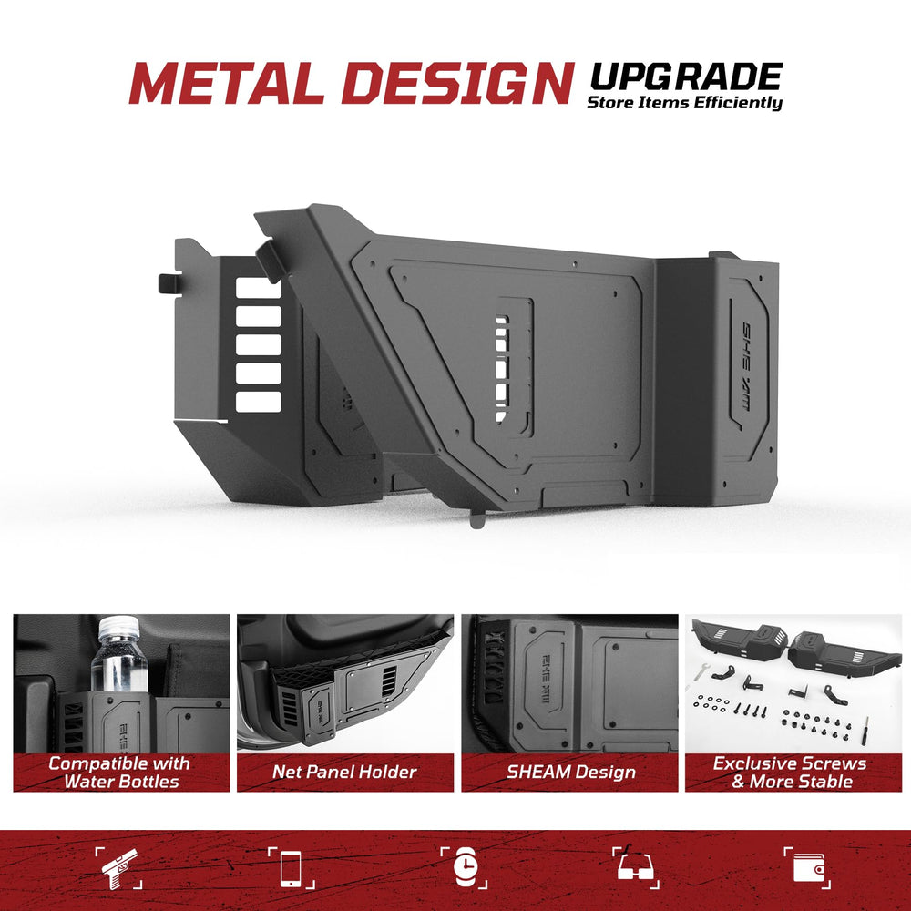 SHEAM door pocket close-up highlights durable metal construction for rugged use.