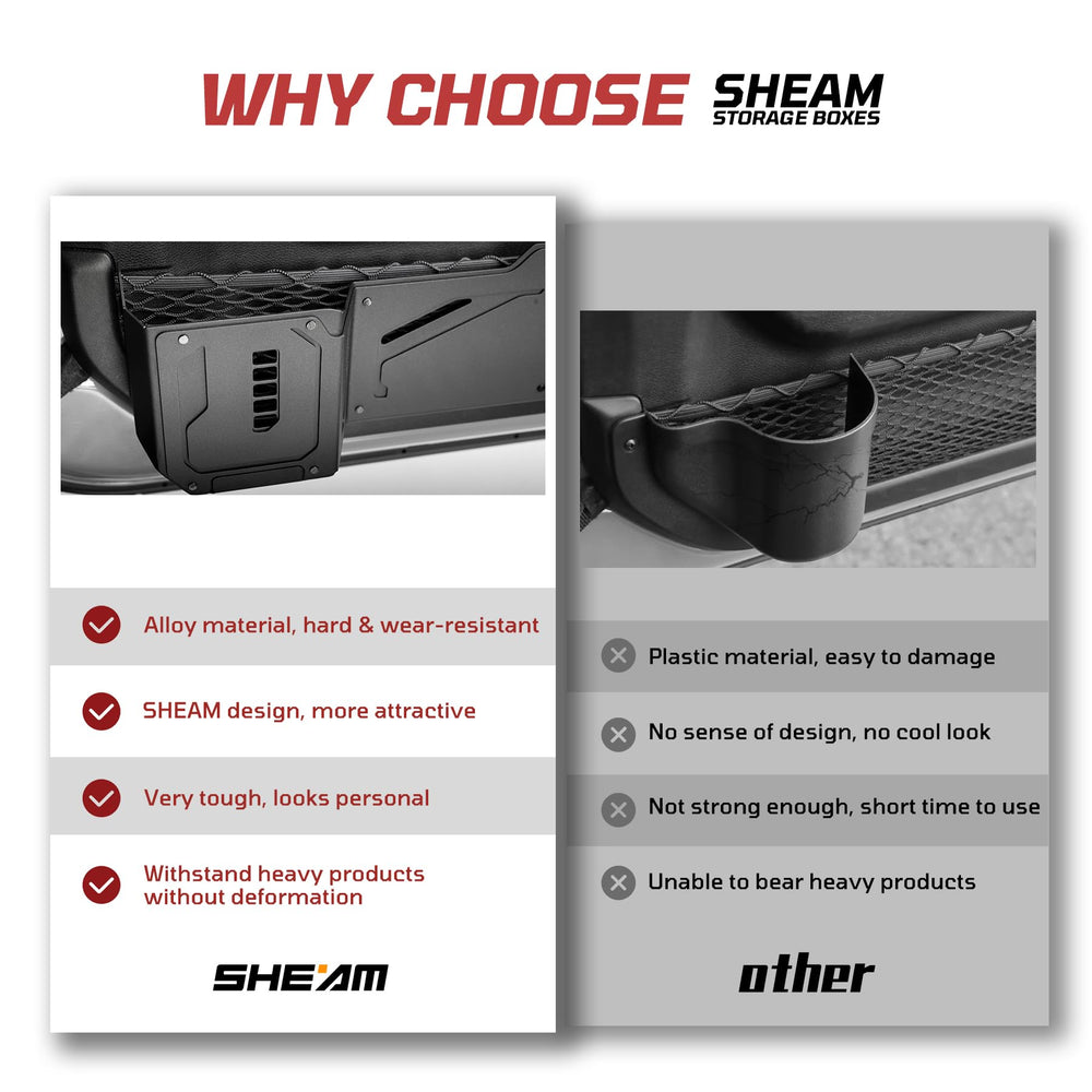 SHEAM rugged metal mesh panel enhances Jeep interior utility.