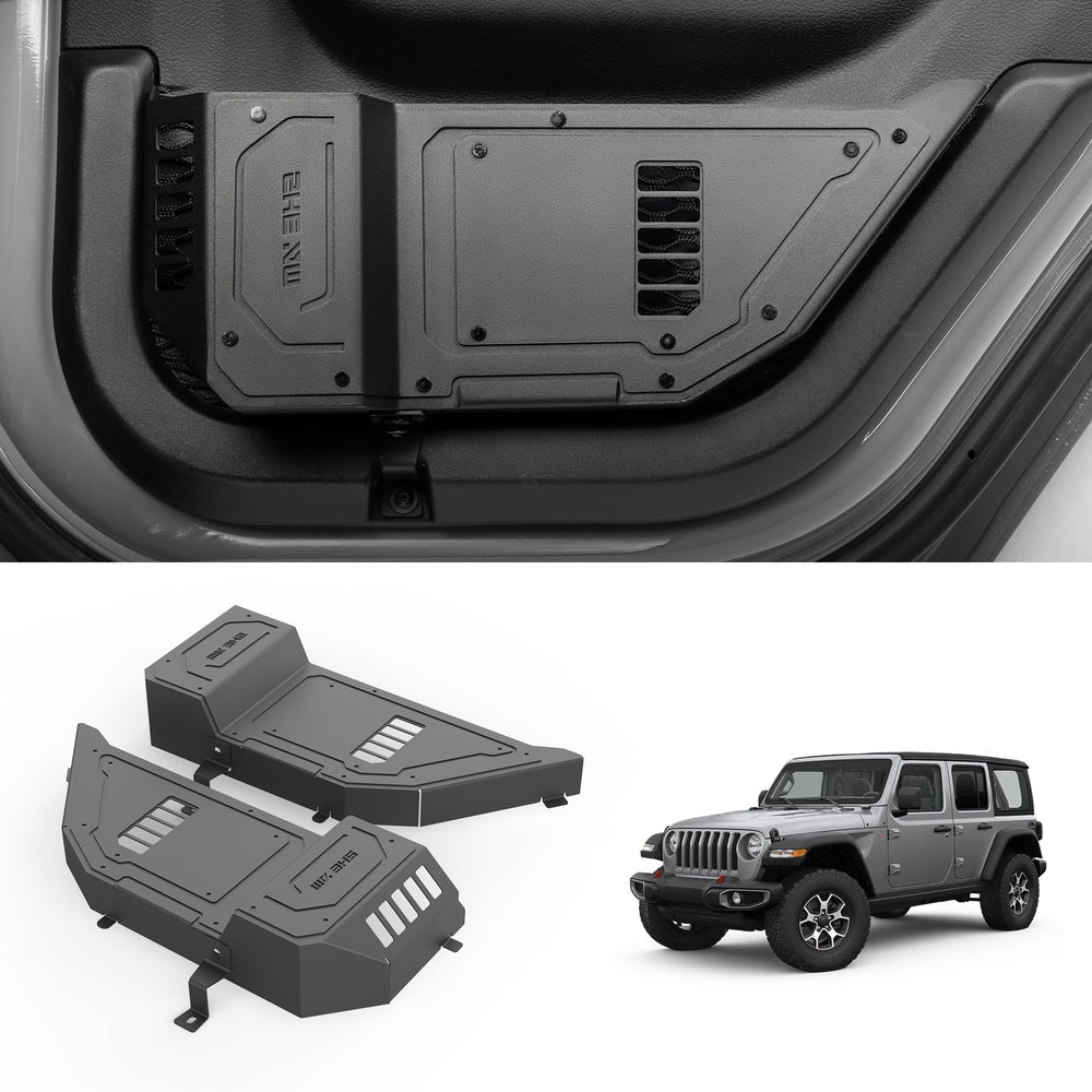SHEAM metal rear door pocket with cup holder on Jeep Wrangler for convenient bottle storage.