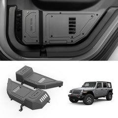 SHEAM metal rear door pocket with cup holder on Jeep Wrangler for convenient bottle storage.