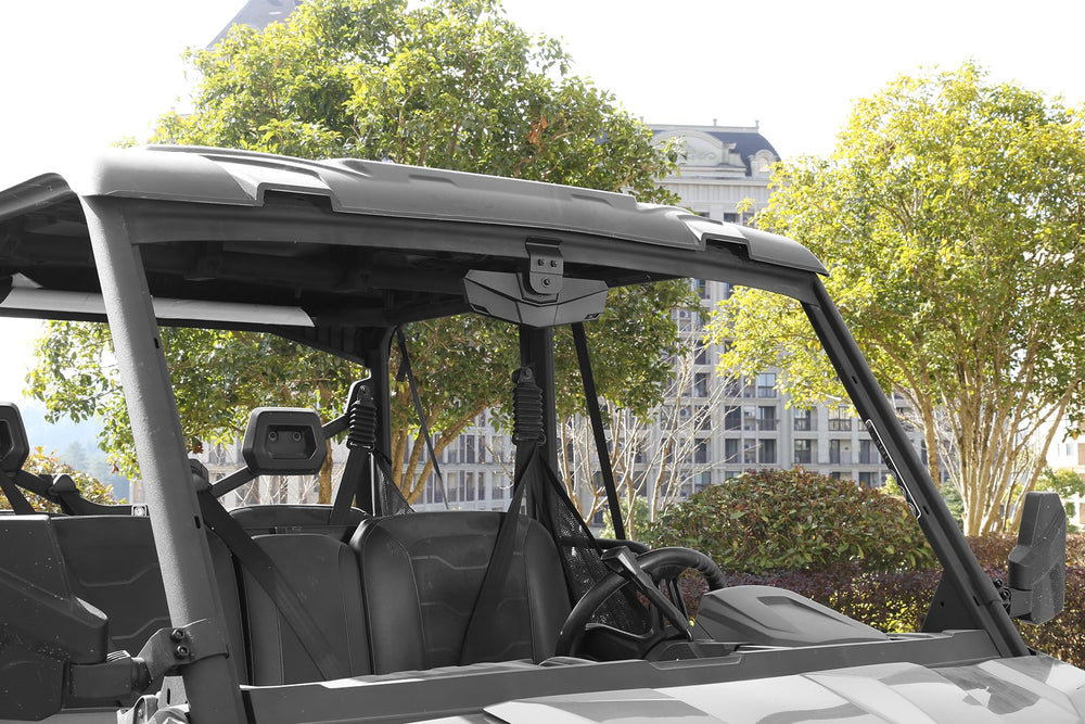 SHEJISI UTV mirror with roof compatibility note highlights no drill installation