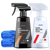 Shieldom anti-fog spray bottle on windshield demonstrates easy spray application.