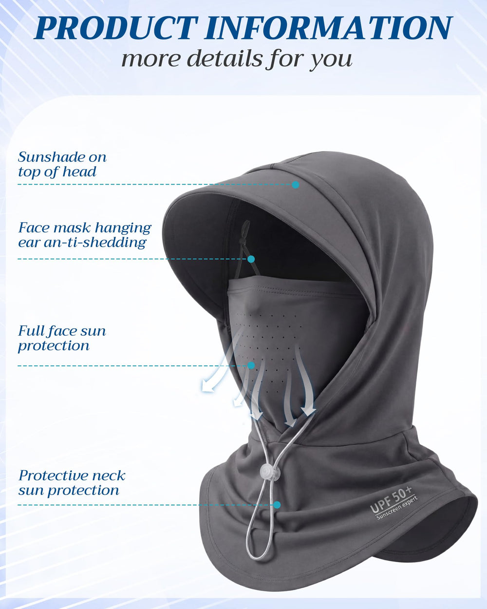 Shihanee balaclava hood side view highlights breathable, cooling fabric during outdoor activities.