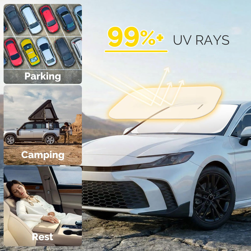 SHINEHOME Camry sunshade folded compactly for easy storage in the door pocket