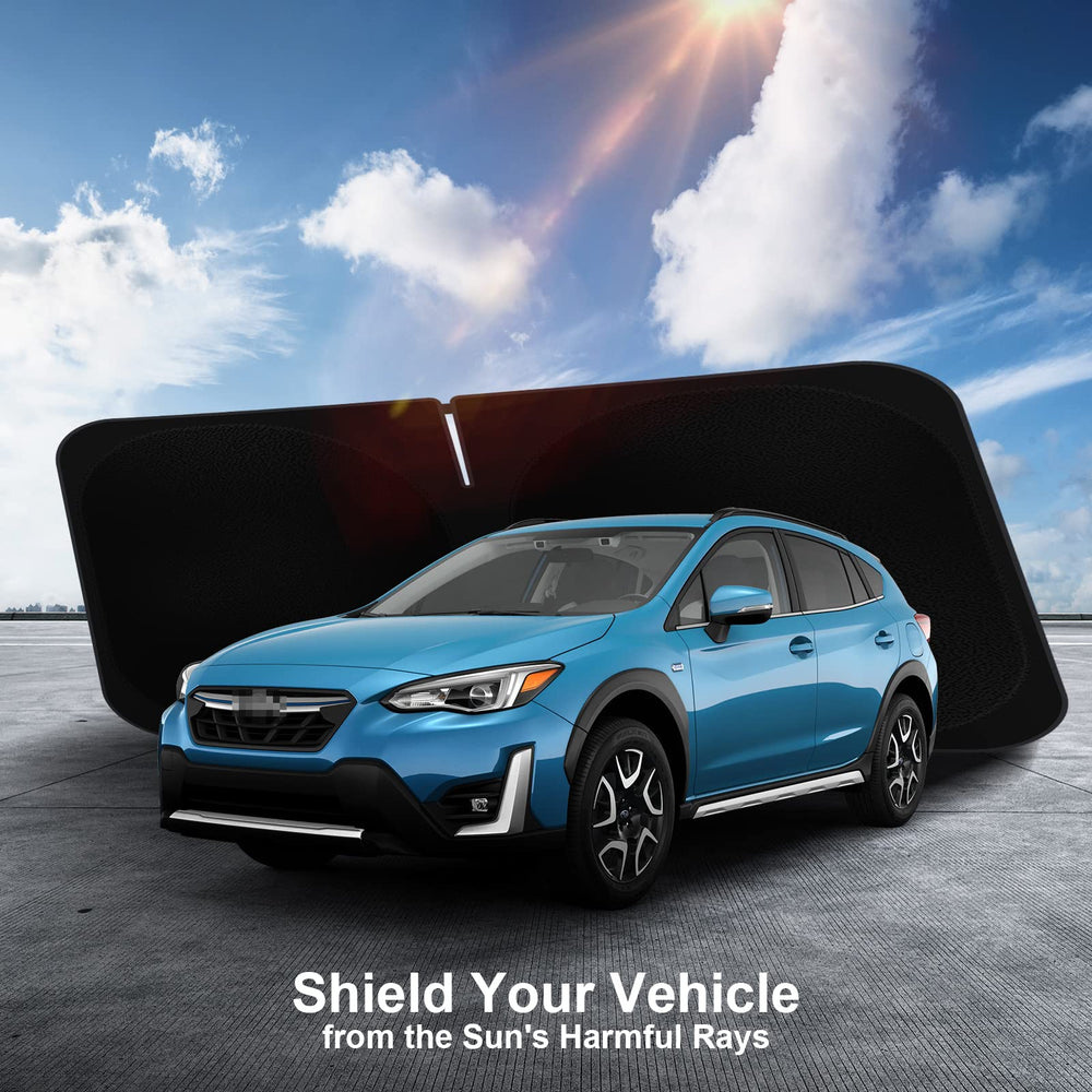 SHINEHOME Crosstrek sun shade protects leather and interior surfaces from sun damage.