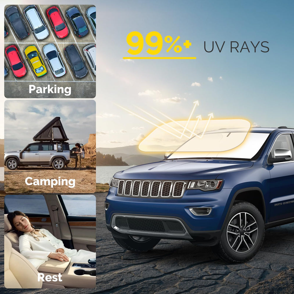 SHINEHOME Jeep Grand Cherokee sun shade folded for storage and portability.