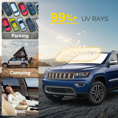 SHINEHOME Jeep Grand Cherokee sun shade folded for storage and portability.
