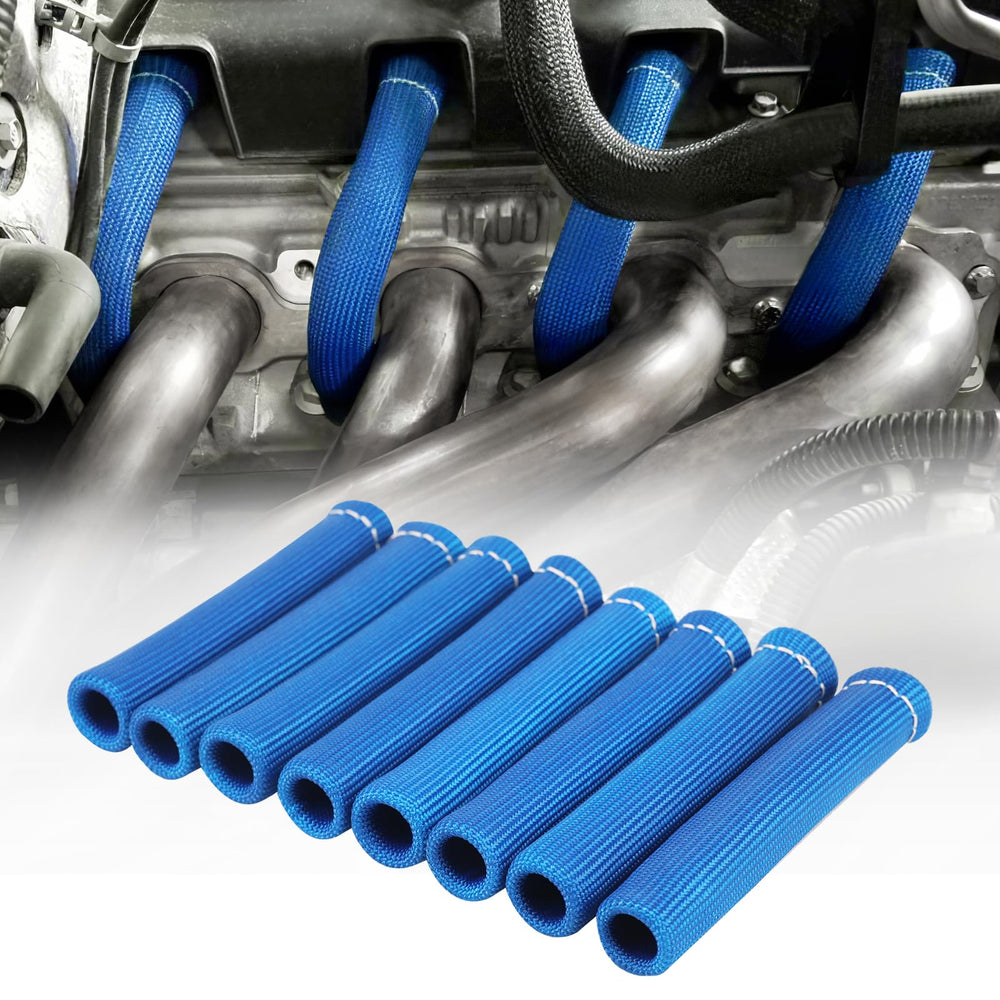 SHINEHOME spark plug header boots blue protect wires from heat near headers.