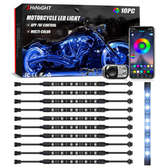 SHINIGHT motorcycle LED kit strip close-up showing vivid RGB glow for night rides.