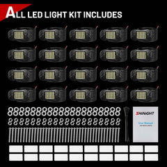 SHINIGHT rock light kit contents with 20 pods and mounting hardware