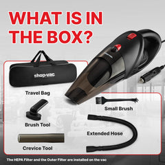 Shop-Vac 12V car vacuum with reusable HEPA filter for clean air between uses.