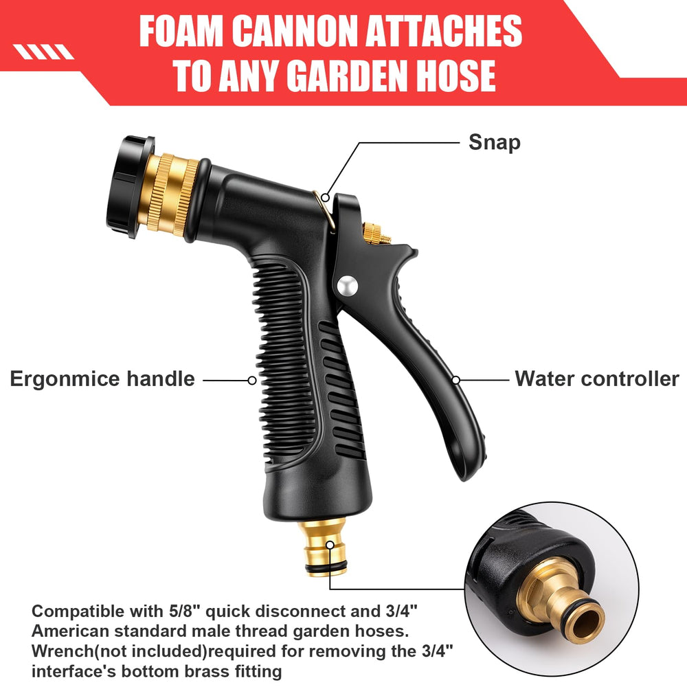 Siapupy foam sprayer demonstrating 5/8 and 3/4 inch hose compatibility
