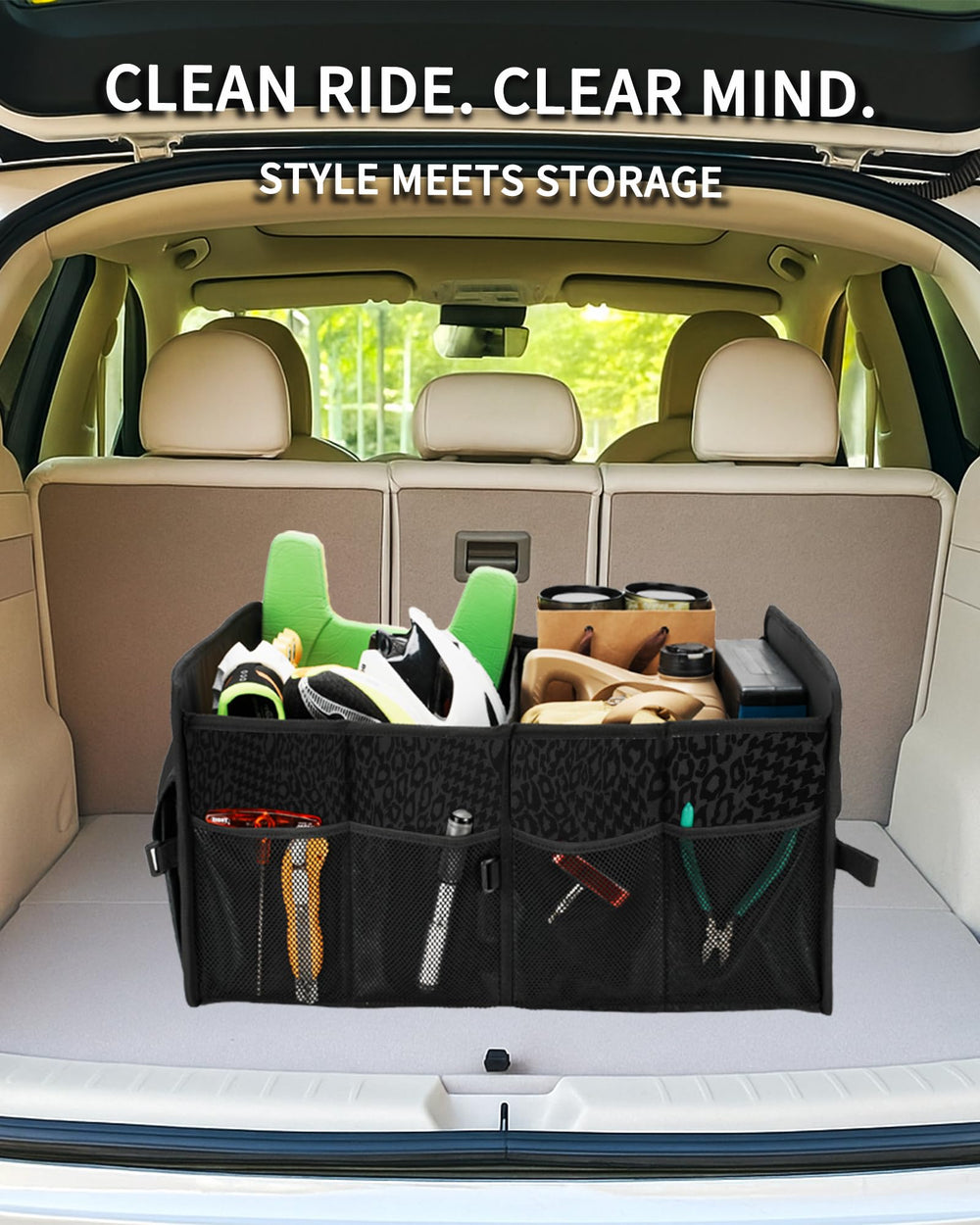 SIBOFUEGO sturdy trunk organizer expanded demonstrates large capacity for groceries and gear.