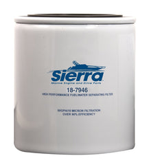 Sierra 18-7946 fuel water separator front view for marine engines, featuring 10 micron filtration