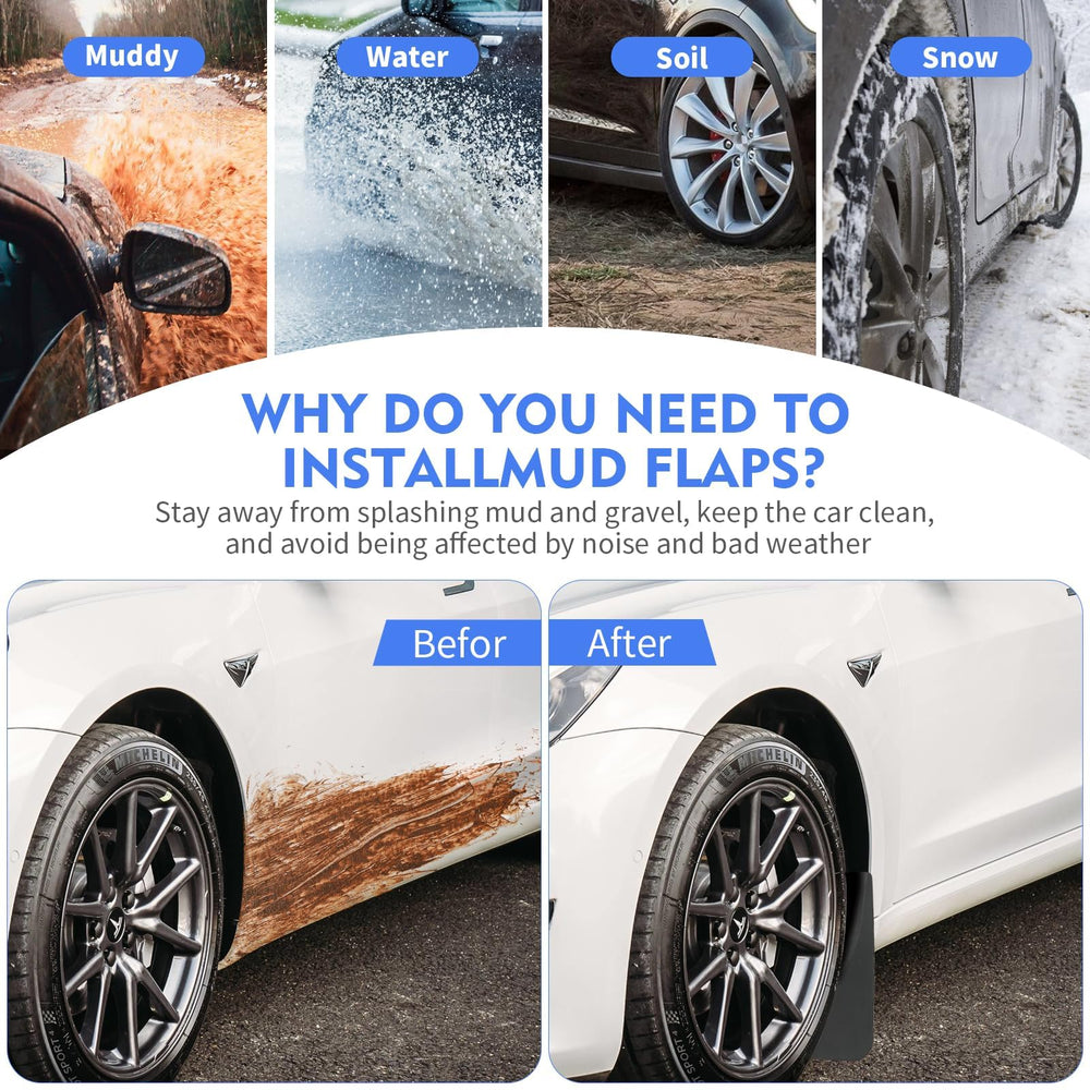 SIGLIN Model Y mud flaps kit shows hardware and installation guide included.