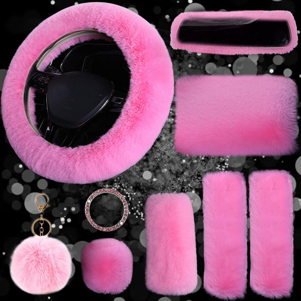 Silence Shopping fluffy steering wheel cover pink for a warm, secure grip.