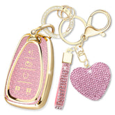 Simocky Chevy key fob cover with pink heart and diamond keychain for stylish protection.
