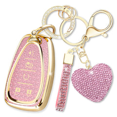 Simocky Chevy key fob cover with pink heart and diamond keychain for stylish protection.