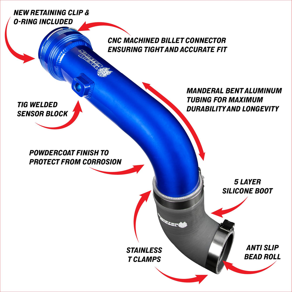 Aluminum intercooler pipe upgrade replaces plastic with a durable metal path.