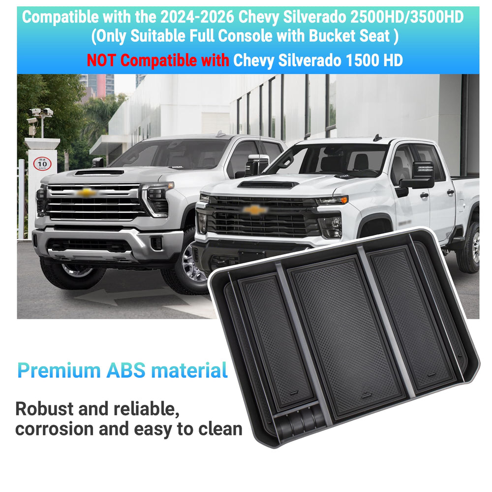 Sinminou layered storage design maximizes space in the full console for Silverado interior.