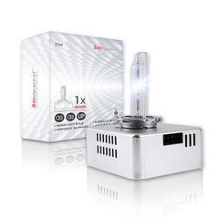 Sinoparcel D5S HID bulb with integrated ballast shown from the front, steady high beam.