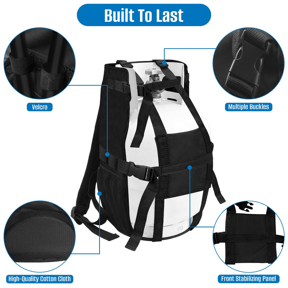 SIRUITON Propane Backpack demonstrates 10–20 lb tank fit with adjustable straps.