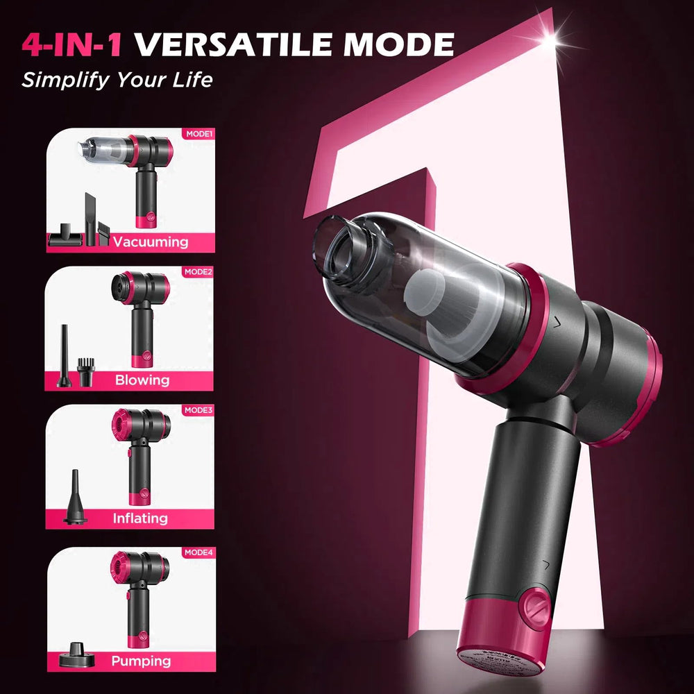 SIX CRAFTSMEN handheld car vacuum shows battery and Type-C charging for quick top-up
